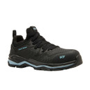 Black athletic-style safety shoe with mesh upper, reinforced toe cap, black laces, light blue accents, and 'Hard Yakka' and 'HY' branding, designed for lightweight industrial protection and comfort.