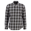 A long-sleeve, button-down shirt featuring a classic plaid pattern in dark green, blue, and white. The fabric has a neatly pressed finish.