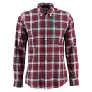 Red, green, and white plaid button-up shirt with long sleeves and a classic collar. The shirt gives a casual, stylish appearance.