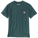 Dark green Carhartt short-sleeved crew-neck T-shirt laid flat on a white background, featuring a left chest pocket with a Carhartt logo patch and visible inner label.
