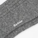 Gray wool sock with red toes, heel, and cuff, featuring a white logo on the side. The texture appears thick and cosy, conveying warmth.