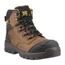 Brown Caterpillar Men's Striver XL Safety Boot with black and yellow laces, reinforced steel toe cap, and rugged slip-resistant sole.