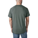 Back view of a man wearing a forest green Carhartt short-sleeved crew-neck T-shirt with raglan sleeves and contrast stitching, paired with blue jeans, against a white background.