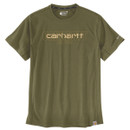 Olive green Carhartt short-sleeved crew-neck T-shirt laid flat on a white background, featuring layered Carhartt logo and ‘Est. 1889’ graphic on the chest, Force logo on the sleeve, and tonal stitching.