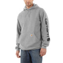 Man wearing a light grey Carhartt hoodie with a front pouch pocket and black Carhartt logo printed vertically on the left sleeve.