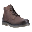 A brown leather lace-up ankle boot with a rounded toe, reinforced stitching, and a durable translucent rubber sole. The boot has metal eyelets and a lightly padded collar for comfort.