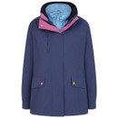 Navy blue women's jacket with a quilted light blue inner lining, pink inner collar trim, and contrasting button details on the flap pockets—one pink, one yellow.