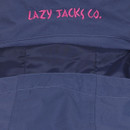 Close-up of a navy jacket's back collar showing pink embroidered text that reads "LAZY JACKS CO." on durable, textured fabric.