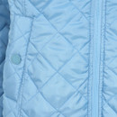 Close-up of a light blue quilted jacket showing diamond stitching, a smooth fabric texture, a side pocket with a snap-button flap, and a central zip with neat stitching.