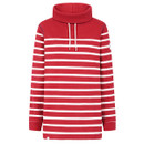Front view of a red long-sleeve sweatshirt with white horizontal stripes, featuring a high funnel neck with drawstrings and relaxed fit, made from soft, cosy fabric.