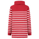 Back view of a red long-sleeve sweatshirt with white horizontal stripes and a high funnel neck, showing a relaxed silhouette.