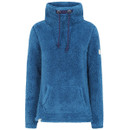 Blue high-pile fleece pullover with a high funnel neck, navy blue drawstrings, and a large front kangaroo pocket; features a cosy, textured fabric ideal for warmth