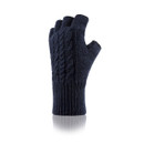 A navy fingerless glove with a cable knit design.