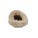 Back view of a beige fluffy mule slipper, showing the soft faux fur interior and open-heel design.