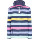 A women's zip-up sweatshirt featuring wide horizontal stripes in navy blue, light blue, mint green, lavender, pink, and yellow. The sweatshirt has a stand-up collar with a zip and side pockets, and the fabric appears to be soft and stretchy.