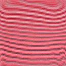 Close-up of red fabric with thin white horizontal stripes, showcasing the soft, stretchy knit texture of the material.