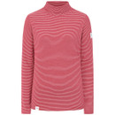 Front view of a long-sleeved red and white striped roll neck top with a fitted design and small Lazy Jacks logo tag on the left sleeve.