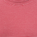 Close-up of a red and white fine-striped fabric showing the soft texture and stretch of the material, with the neckline of a roll neck top visible at the top of the image.