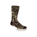 A side view of a sock with a camouflage print.