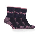 A row of three navy socks with pink detailing.