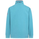 Back view of Lazy Jacks men's turquoise quarter zip sweatshirt with embroidered Lazy Jacks Co. logo on collar and long sleeves with branded patch.
