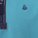 Close-up of Lazy Jacks men's turquoise quarter zip sweatshirt featuring navy L.J. Co. embroidered chest logo and contrast stitch detailing on zipper panel.