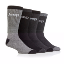 A row of four socks in varying black and grey colourways.