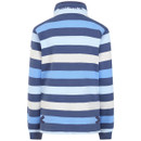 Back view of the Lazy Jacks Women's Stripe Button Neck Sweatshirt in Winter Blues – showcasing horizontal stripes in navy, light blue, and grey, with embroidered Lazy Jacks Co. branding on the funnel neck and soft cotton finish.