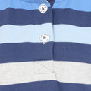 Close-up of the Lazy Jacks Women's Stripe Button Neck Sweatshirt in Winter Blues – features two white branded buttons and reinforced cross-stitch detailing, with bold horizontal stripes in navy, pale blue, and grey.