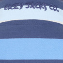 Close-up of the Lazy Jacks Women's Stripe Button Neck Sweatshirt in Winter Blues – detailed view of the embroidered Lazy Jacks Co. logo on the back collar, framed by horizontal stripes in navy, pale blue, and light grey.