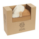 A tan women’s mule slipper with cream faux fur lining, displayed in a Jo & Joe branded cardboard gift box with the slipper tag visible.