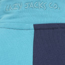 Close-up of the back neck of the Lazy Jacks men’s panel rugby sweatshirt, showing the embroidered Lazy Jacks Co. logo in turquoise on a split panel of turquoise and navy cotton fabric.