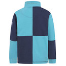 Lazy Jacks men’s panel rugby sweatshirt rear view – navy and turquoise quartered design with embroidered Lazy Jacks Co. branding on the stand collar, long sleeves, and reinforced shoulder seams. Classic nautical-inspired casualwear.