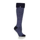 A side view of a navy coloured wellington boot sock.