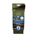 A pair of waterproof socks with a camouflage print in their packaging.