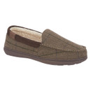 A men’s moccasin slipper with a classic brown and green herringbone check pattern, dark sole, and cream fleece lining for warmth and comfort.