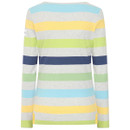 Back view of Lazy Jacks Breton top featuring wide horizontal stripes in pastel and bold colours including sky blue, yellow, grey, lime green, and navy, with long sleeves and a high crew neckline.