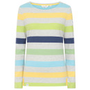 Front view of Lazy Jacks Breton top with horizontal stripes in sky blue, yellow, grey, lime green, and navy, featuring a round neckline and long sleeves.