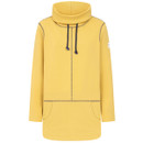 Front view of a mustard yellow Lazy Jacks sweatshirt with a high cowl neck featuring navy drawstrings, long sleeves, contrast stitching, and a front kangaroo pocket.