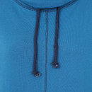 Close-up of the neck area on a Lazy Jacks women's funnel neck sweatshirt in ocean blue, featuring a drawstring with navy blue braided cords and visible contrast stitching.
