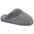 A grey women’s slip-on slipper with a cosy borg-style upper and plush faux fur collar, featuring a soft sole for indoor comfort.