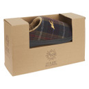 Jo & Joe men’s tartan slipper with gold stag motif, shown in eco-friendly brown cardboard packaging with logo and cut-out display window.