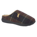 Side view of a men’s slip-on slipper in brown and green tartan with a gold stag emblem and a cosy fleece lining.