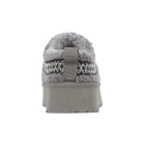 Rear view of a Jo & Joe tan slipper with a platform sole, grey faux fur lining, grey pull tab, and grey embroidered trim around the heel.