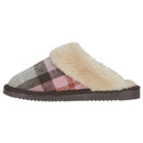 Side view of Jo & Joe women's mule slipper in pink and brown tartan with a soft cream faux fur collar and dark sole.