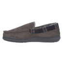 Side view of Jo & Joe men's grey moccasin slipper featuring a navy and red tartan collar trim and plush faux fur lining.