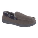 Side view of a Jo & Joe men's moccasin slipper in charcoal grey with a tartan collar trim and soft faux fur lining.