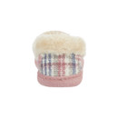 Rear view of Jo & Joe women’s moccasin slipper with a pink and blue check pattern and soft cream faux fur collar.
