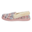 Side profile of Jo & Joe women’s slipper featuring a pink, blue, and cream check pattern with a plush cream faux fur lining and pink sole.