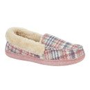 Side view of a Jo & Joe women’s moccasin slipper in a pink and blue check pattern with a plush cream faux fur lining and pink sole.